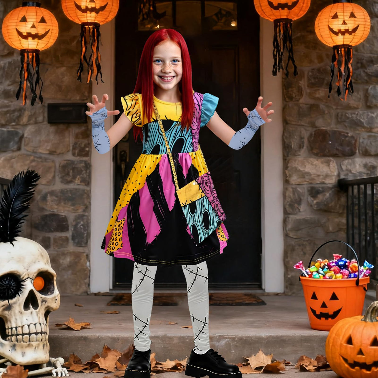 shyhand Sally Costume for Girls Kids Nightmare Before Christmas Dress Wig Pants Accessories Sally Cosplay Outfit 3-12 Years