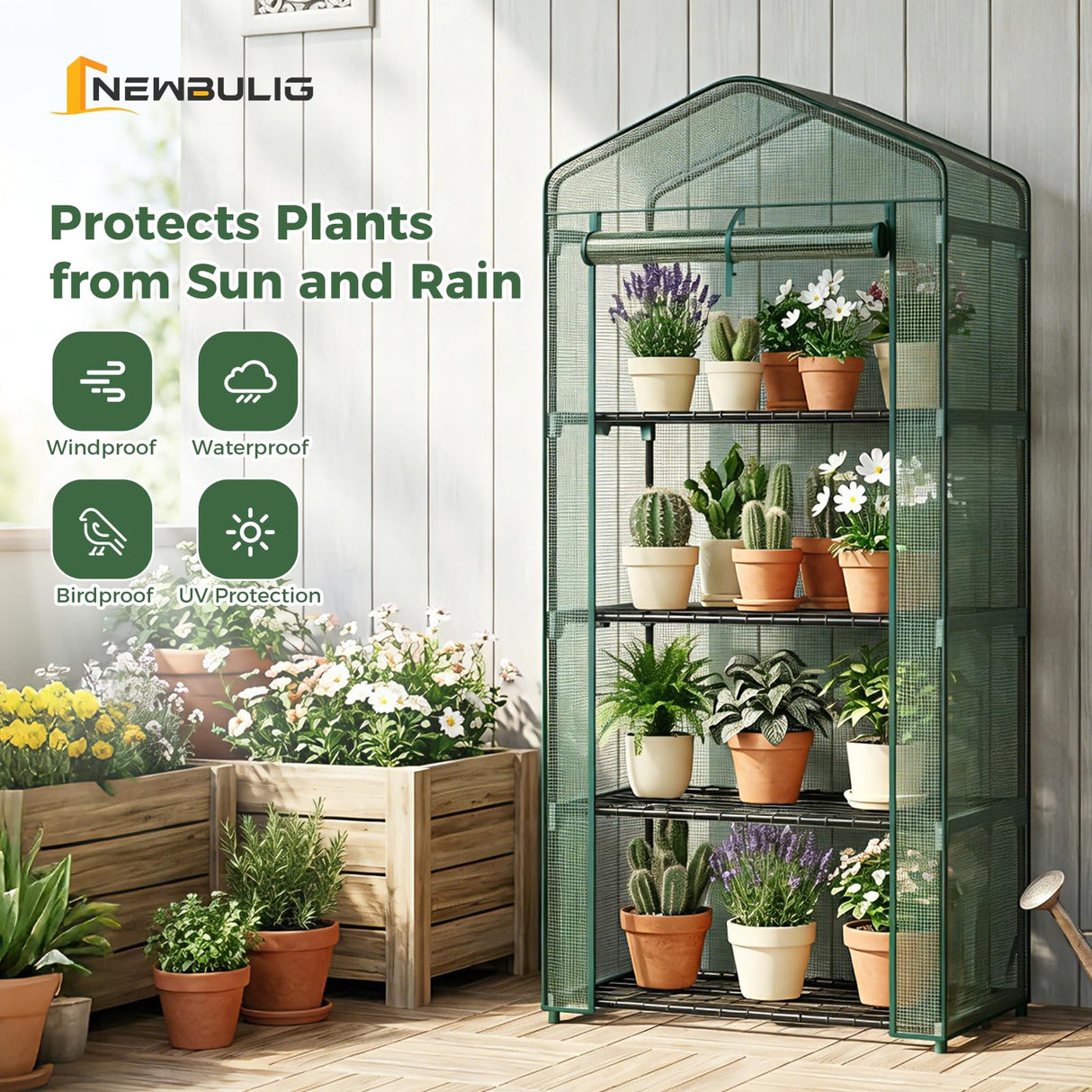 NEWBULIG Mini Greenhouse with Durable PE Cover Roll-up Zipper Door 4 Tier, 27"x19"x63" Small Greenhouse for Outdoors Indoor Balcony, Porch, Garden, Patio, Backyard Green Houses, Green
