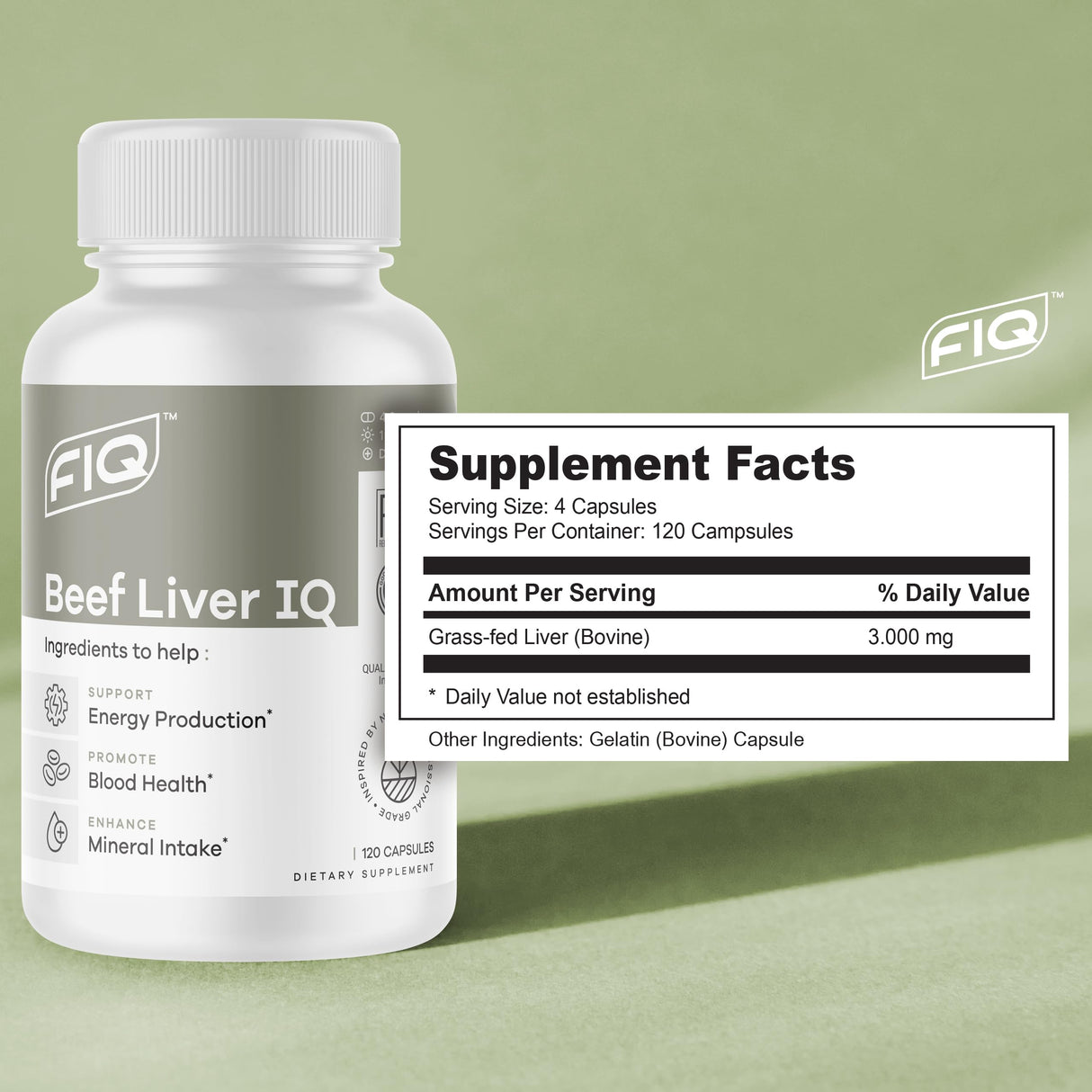 FIQ - Beef Liver IQ - Beef Liver Capsules - Supports Energy Production - Natural Iron, Copper, Vitamin A, & Vitamin B - High Absorption - 120 Capsules