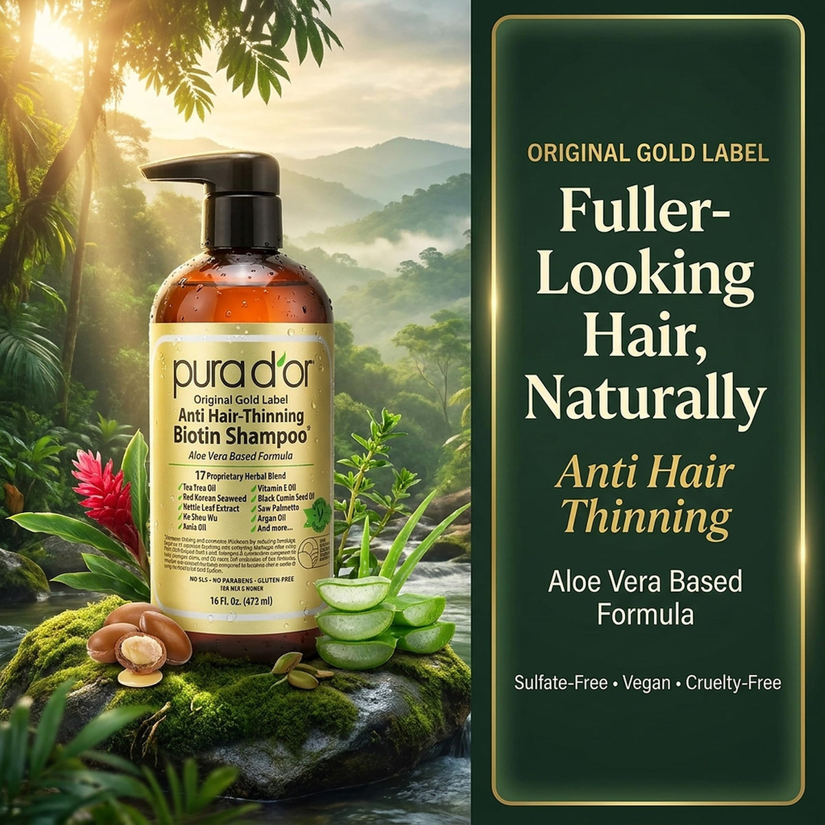 PURA D'OR Original Gold Label Anti-Hair Thinning Biotin Shampoo, 16oz