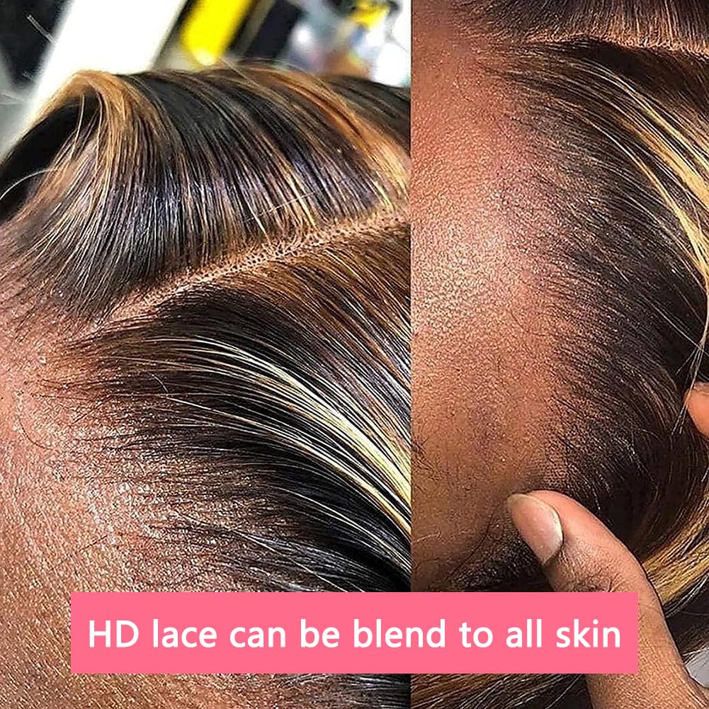 ABALON FB/27 28 Inch Highlight Balayage Lace Front Wig Human Hair 13x4 HD Lace Frontal Wigs Human Hair Body Wave Wig 200% Density Ombre Glueless Wigs Human Hair Pre Plucked with Baby Hair for Women