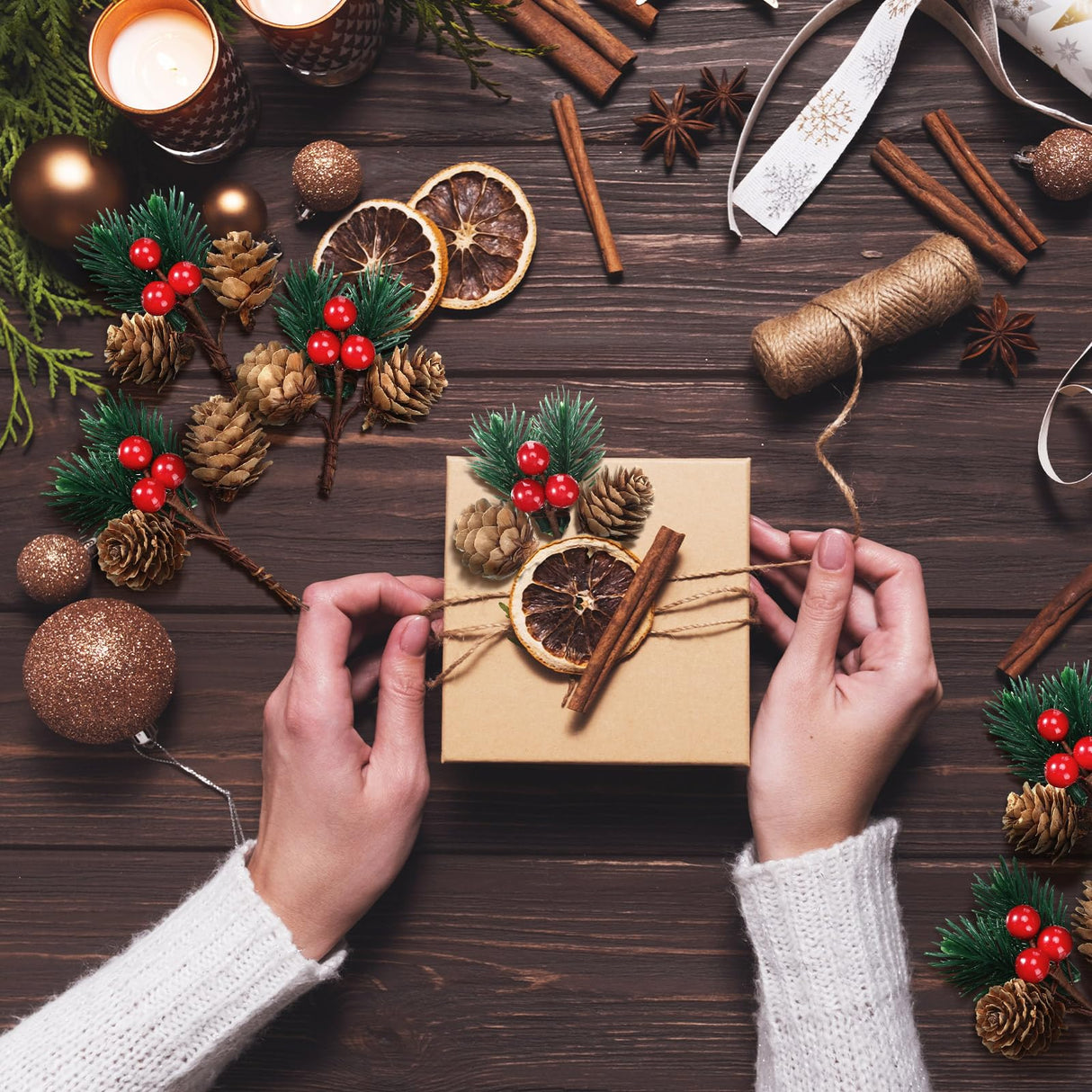 48 Pcs Christmas Picks and Sprays Christmas Tree Floral Picks Holly Red Berry Stem Spray Greenery for Craft Artificial Faux Pine Branches Pine Cones Branches for Tree Home Decor Garland Wreath (Cute)