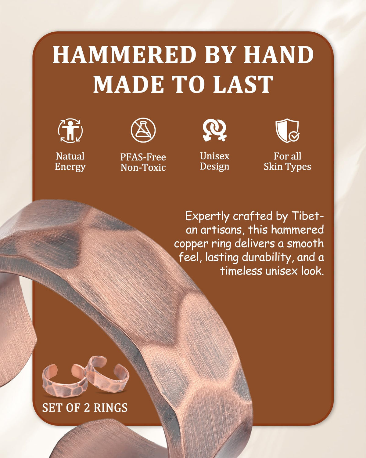 Fashtour 100% Pure Copper Rings, Two Pack Handmade Adjustable Rings