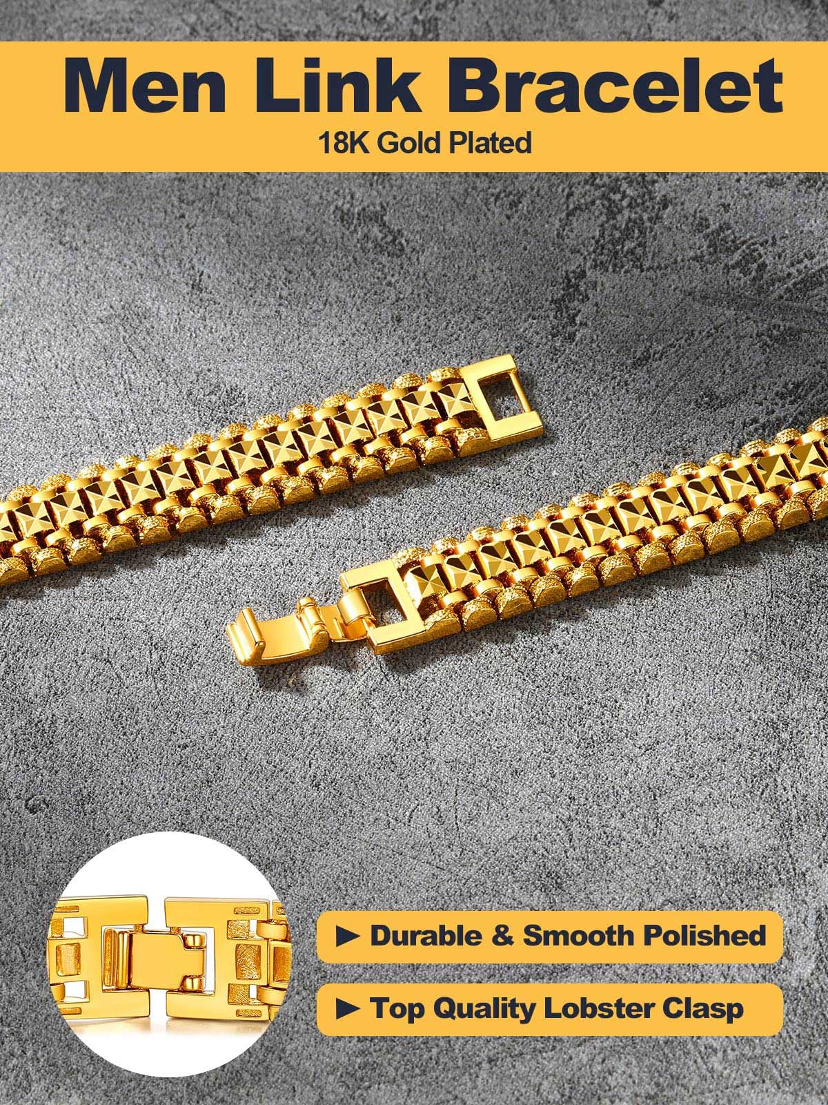 U7 Gold Bracelet for Men,14K Yellow Gold Plated Solid Mens Bracelet 12mm