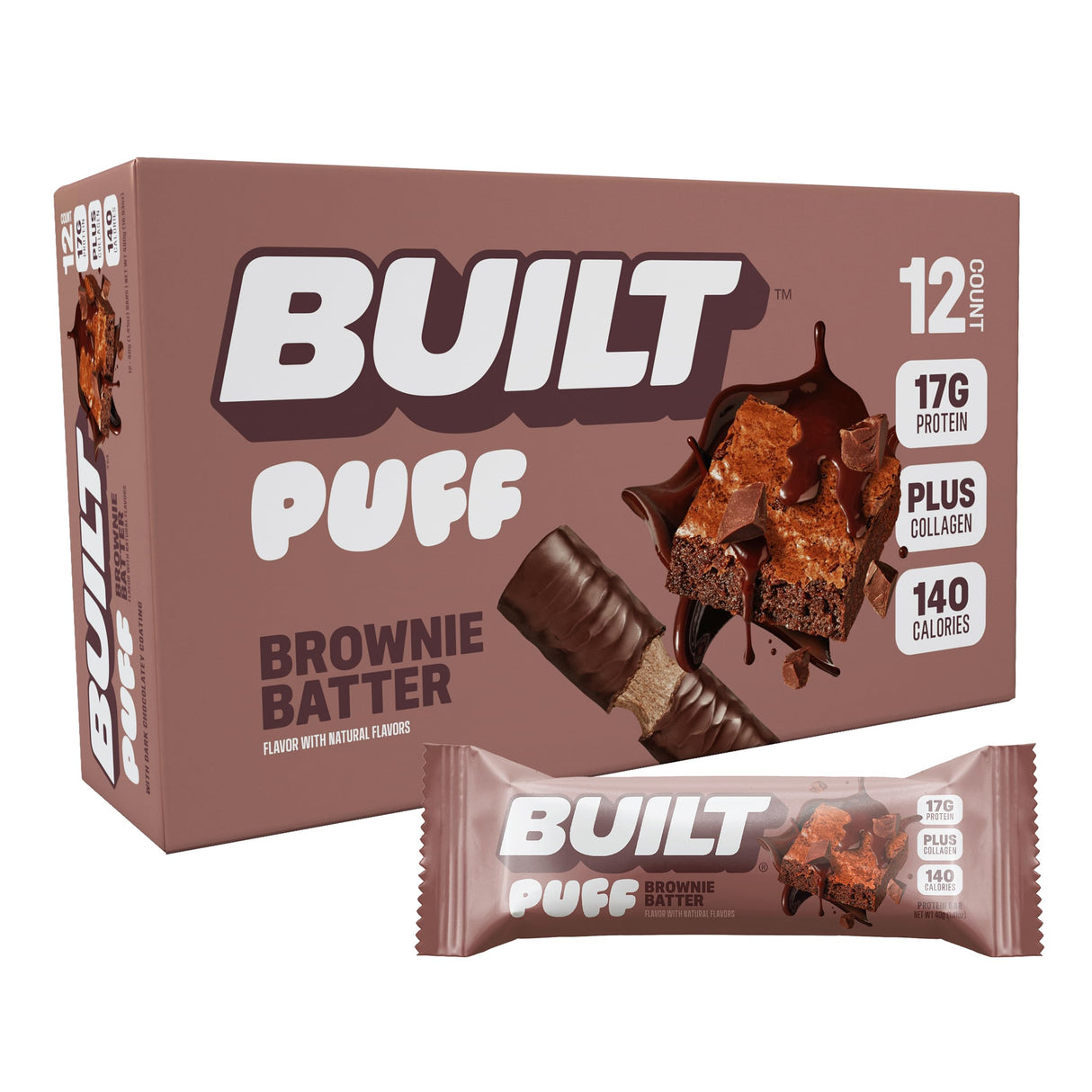Built Bar, Puff Protein Bars, Brownie Batter Puff, 17g Protein Snacks, On-The-Go Bars, Only 140 Calories, 6g Sugar, Collagen, Gluten Free, 12 Count