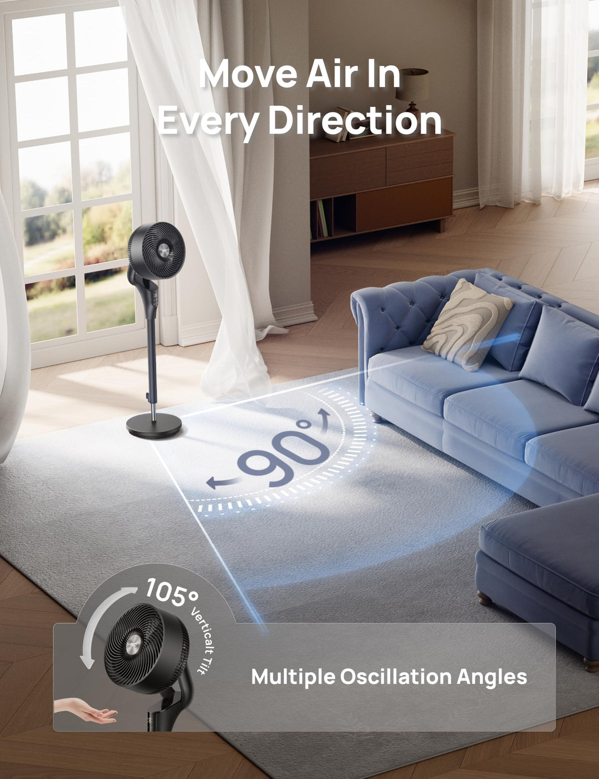 DREO Fan for Bedroom, Standing Oscillating Fan for Whole Room, Quiet Fan