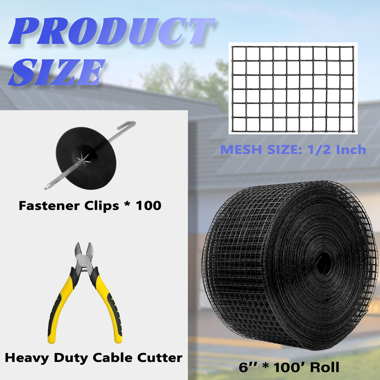 PROLEE Solar Panel Bird Guard with 100 Fastener Clips, 6 Inch x 100 FT Critter Guard for Solar Panels, 1/2 Inch PVC-Coated Galvanized Wire Mesh with Cable Cutter, Black