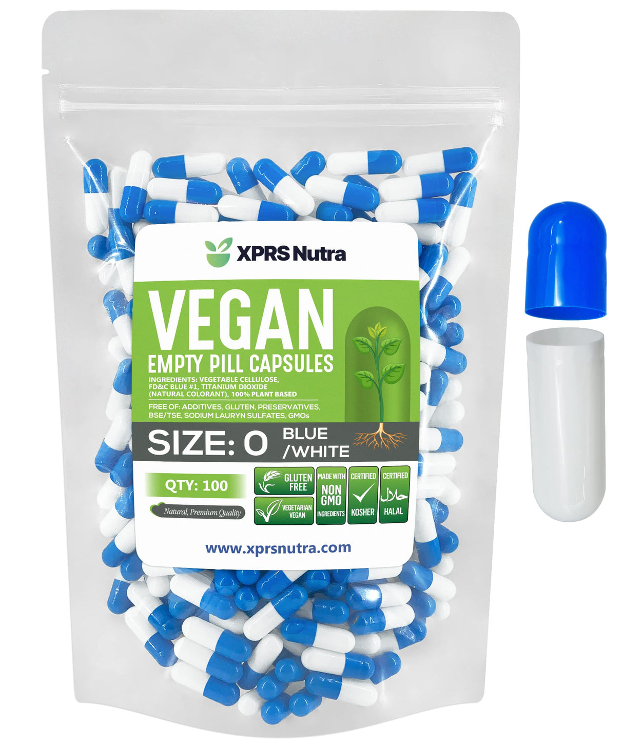 XPRS Nutra Size 0 Empty Capsules - 100 Count Empty Vegan Capsules - Vegetarian Pills - DIY Vegetable Capsule Filling - Veggie Pill Caps for Do-It-Yourself Suplements (Blue/White)