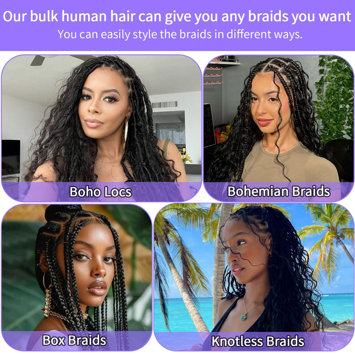 Human Braiding Hair for Boho Braids Human Hair 3 Bundles/Pack 110g 20 Inch Deep Wave Bulk Human Hair for Braiding Curly Knotless 12A Brazilian Virgin Ombre Balayage
