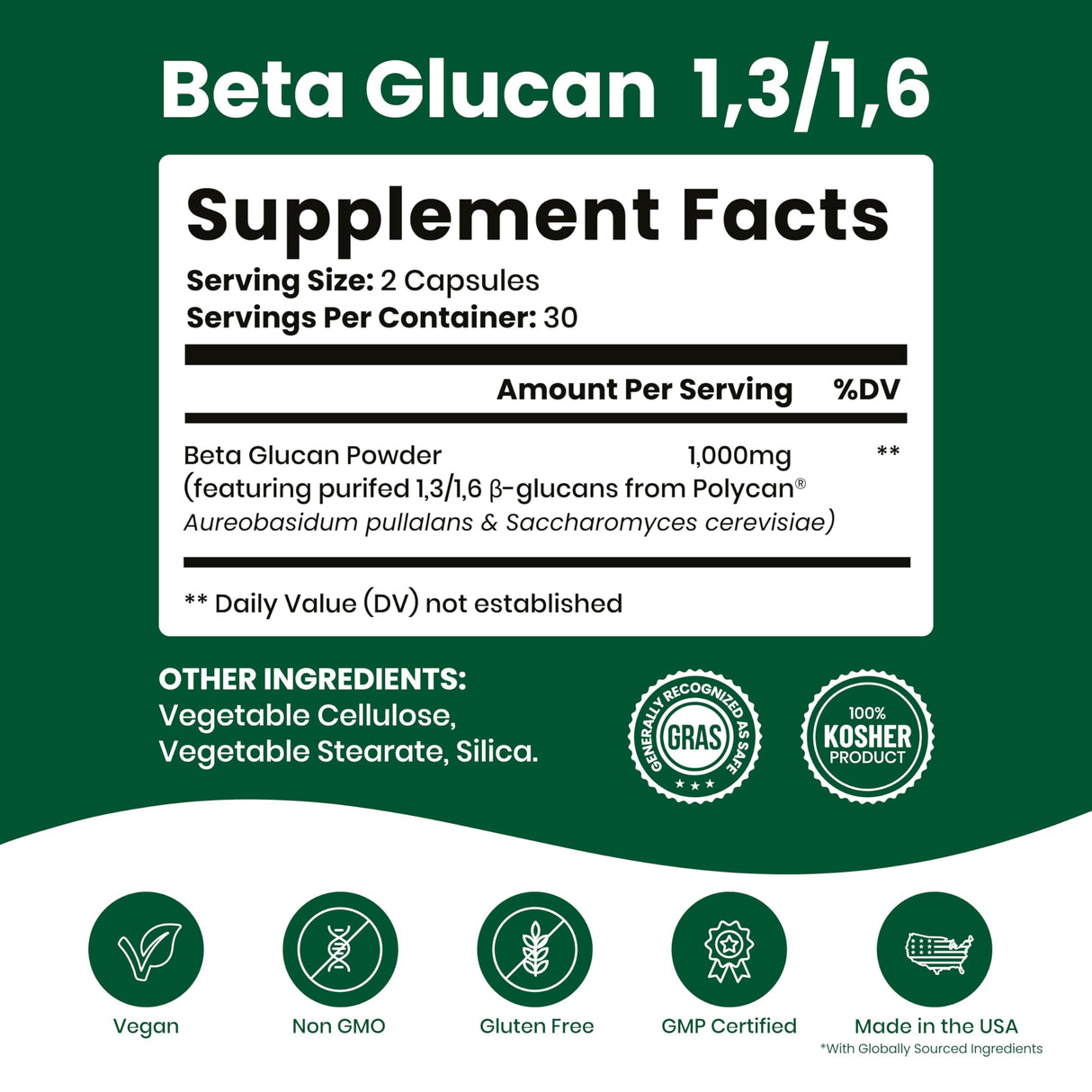 Beta Glucan Supplements 1000mg – 1,3/1,6D Beta Glucan Capsules for Immune Support – Natural Beta Glucans Fiber Supplement – 60 Veggie Capsules (60 Count, Unflavored)