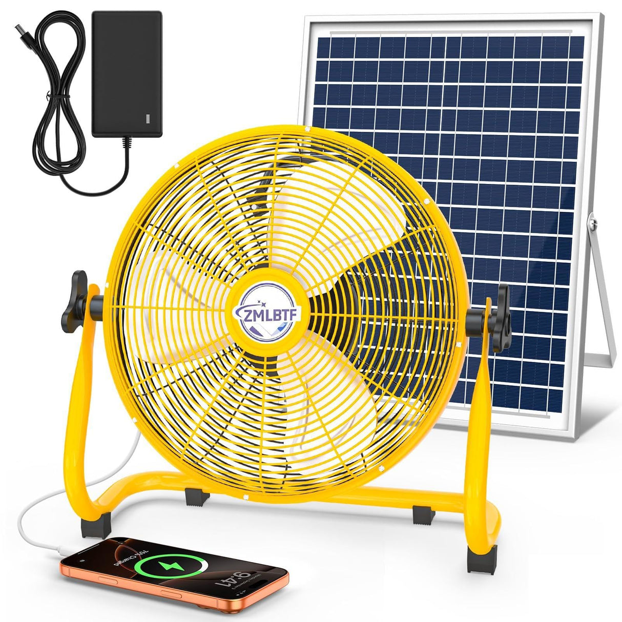 ZMLBTF 14" Solar Powered Fan with 20W Solar Panel & Rechargeable Battery, Portable, Quiet 12 Speed, 360° Tilt Head for Outside, Camping, Travel, Greenhouse, Chicken Coop, Patio, gazebo (Yellow)