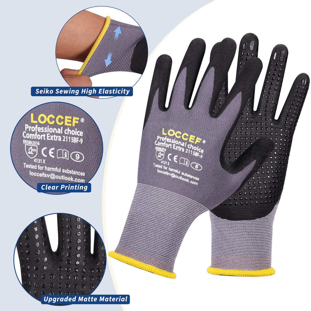 LOCCEF Work Gloves MicroFoam Nitrile Coated-12 Pairs,Endurance Seamless Knit Nylon,Dots on palm,Tacky Dot Grip Gloves (Black 12-Pairs, 8/M)
