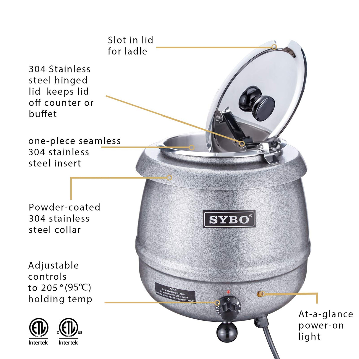 SYBO SB-6000-2G Commercial Grade Soup Kettle with Hinged Lid and Detachable Stainless Steel Insert Pot for Restaurant and Big Family, 10.5 Quarts, Silver