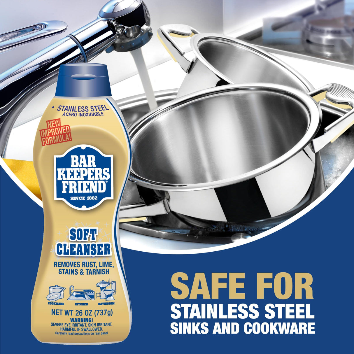 Bar Keepers Friend Soft Cleanser Liquid (2 x 26 oz) Plus Dish Fish Sponge - Multipurpose Cleaner & Rust Stain Remover for Stainless Steel, Porcelain, Ceramic Tile, Copper, Brass & More