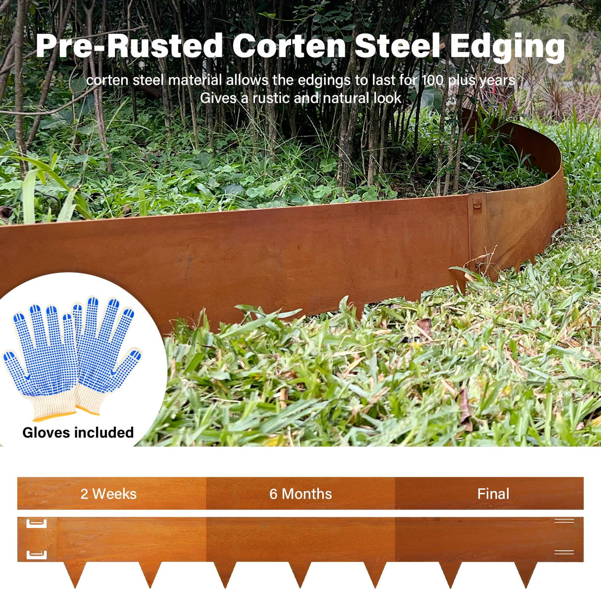 Cor-Ten Steel Landscape Lawn Edging, 40" L x 6" H,6 Pack Steel Edging for Landscaping,Metal Landscape Edging, Metal Edging for Landscaping(180 Degree Bend, Rusted)