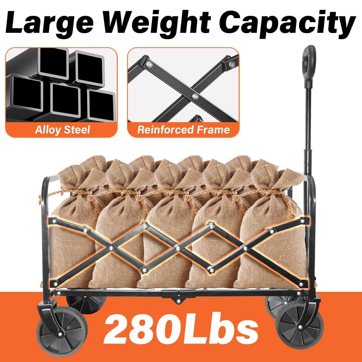Wagons Carts Foldable - 280Lbs Collapsible Wagon Cart with Wheels Portable - Folding Wagon Lightweight for Camping, Sports, Travel, Picnic, Groceries, Shopping