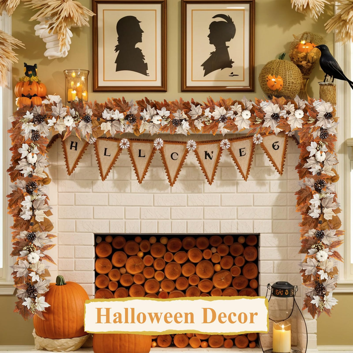 6 FT Fall Garland with Lights Automatic ON/Off Fall Leaves Mantle Garland with Pumpkins Berries Pinecones Outdoor Thanksgiving Christmas Autumn Centerpiece Decorations for Home Door Fireplace Porch