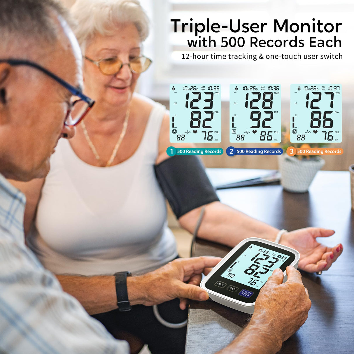 Blood Pressure Machine Upper Arm, 3 Size Cuffs, Small 7"-9", Medium/Large 9"-17" and Extra Large XL Cuff 13"-21", Accurate Automatic Digital BP Cuff Home Use, Large Backlit BP Monitor 3-User 1500 Mem