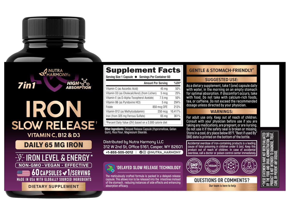 Iron Supplement for Women - Iron 65mg (Ferrous Sulfate 325mg) - 60 Caps