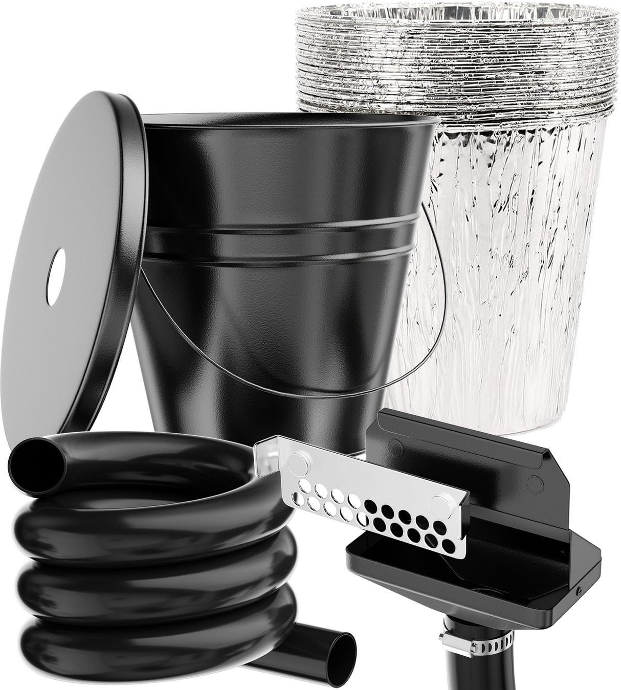 Rear Grease Drainage System for Blackstone Grease Catcher, Upgraded Grease Trap Funnel with Larger Silicone Hose, Removable Magnetic Grease Gate, Grease Bucket W/Lid, 12-Pack Foil Bucket Liners