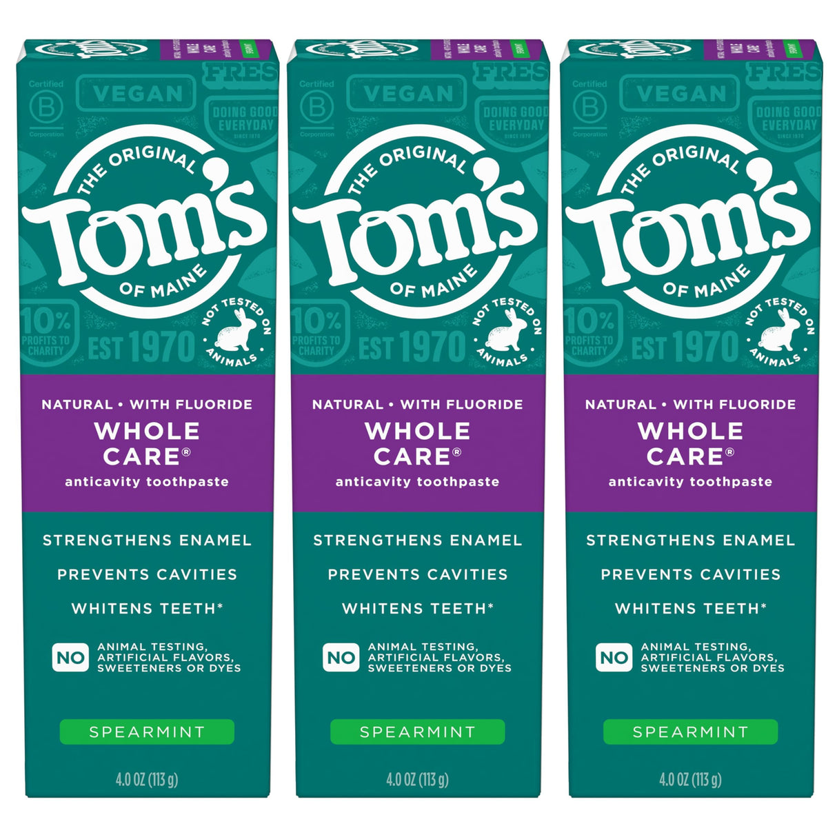 Tom's of Maine Whole Care Natural Toothpaste with Fluoride, Spearmint, 4 Ounce (Pack of 3), (Packaging May Vary)