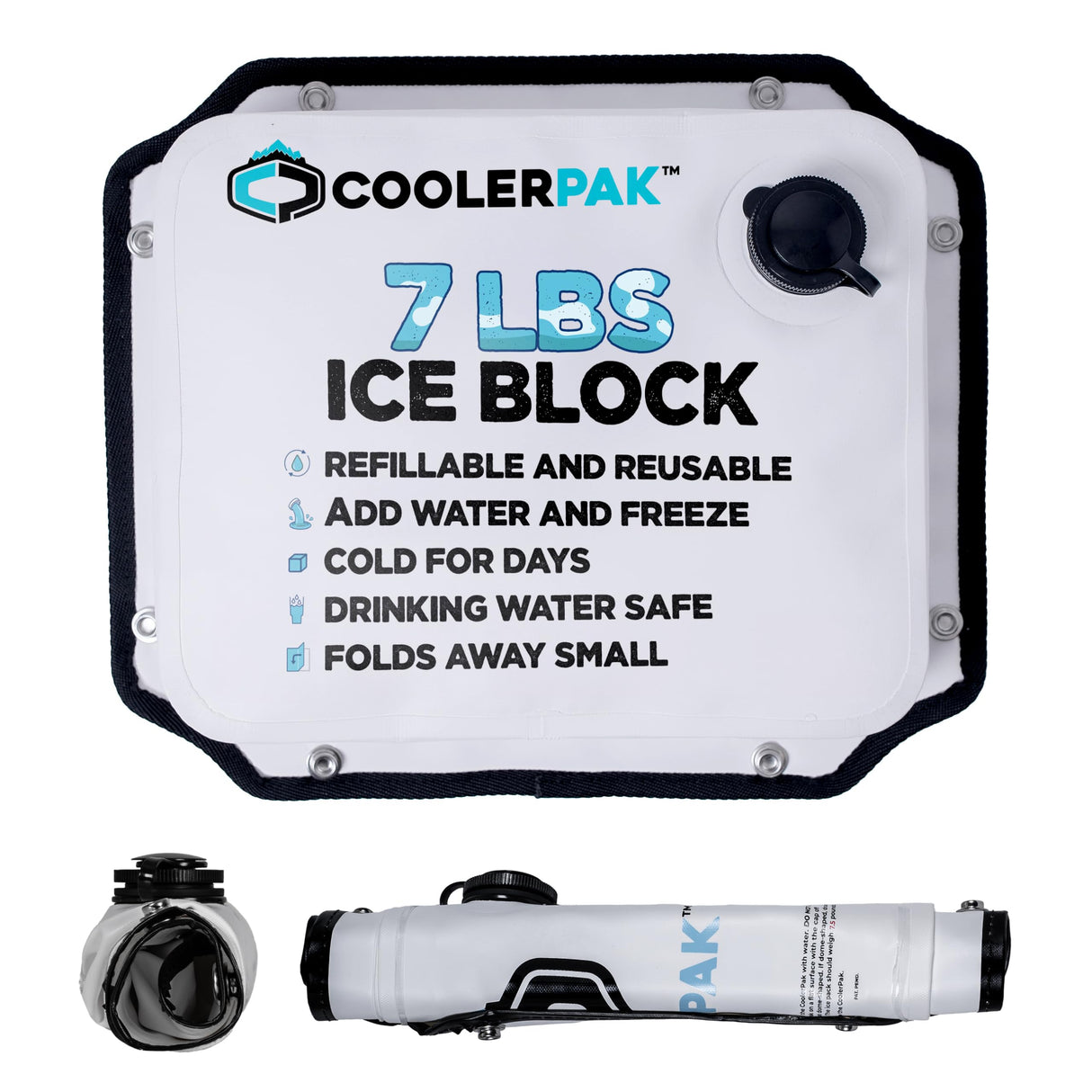 CoolerPak 7lb Refillable Reusable Ice Pack - Stainless Snaps - Cold for Days - Non-Toxic, Leakproof, Suitable for Potable Drinking Water & Cold Plunge - Built Tough, Roll Up for Easy Storage