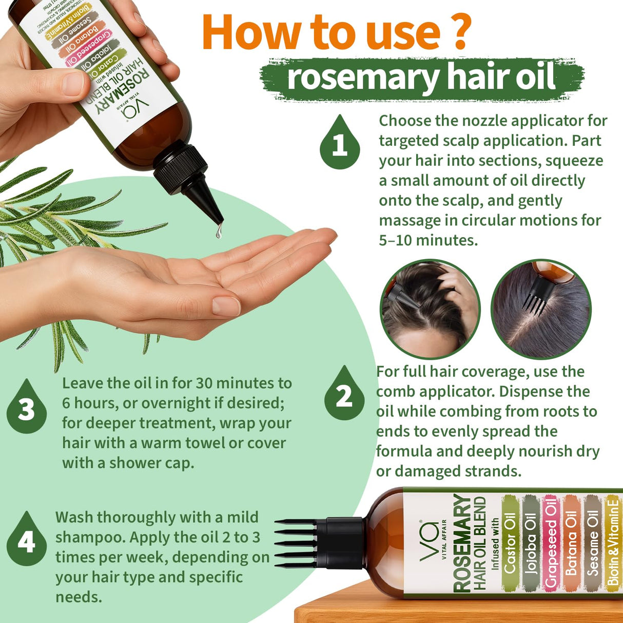 VITAL AFFAIR Blend Of Pure Rosemary Oil With Castor, Batana, Jojoba Oil - Infused With Biotin & Vitamin E-Blend of Effective Hair Oils for Hair Growth-Strengthening Treatment 6 Fl Oz