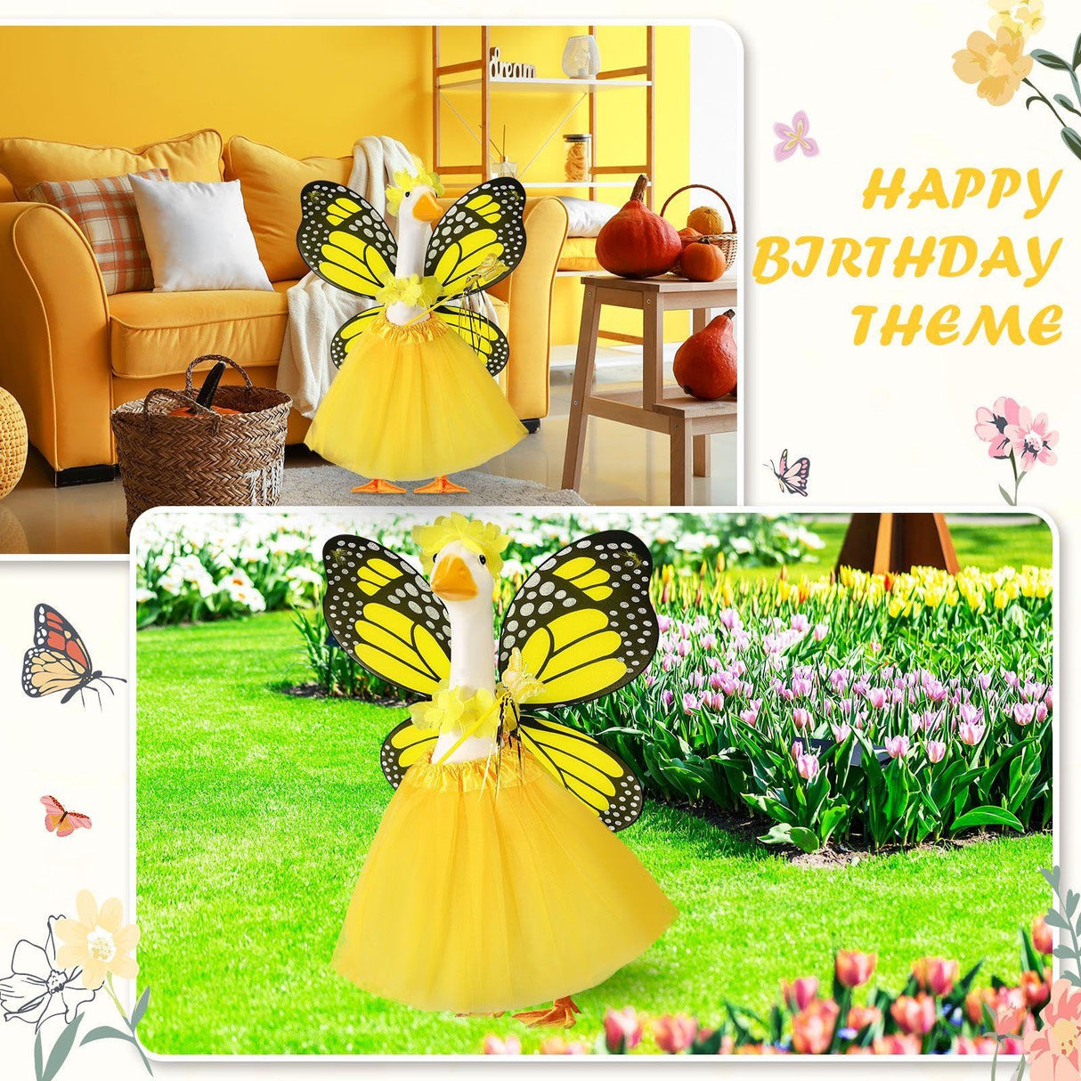 SilTriangle 5pcs Butterfly Porch Goose Outfit Costume Tutu Skirt Butterfly Wing Wand Flower Crown for 17‘' 23‘' Cement Goose(Yellow)
