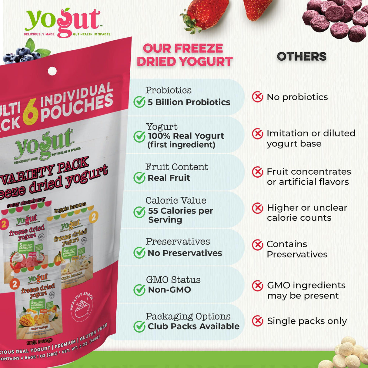 YoGut Freeze Dried Yogurt Snack, Variety Pack, 6 Pack, Healthy Snacks for Kids, Toddlers & Adults, Gluten Free, Non GMO, With 5 Billion Live Probiotics, Vitamins & Minerals, Individual Snack Packs