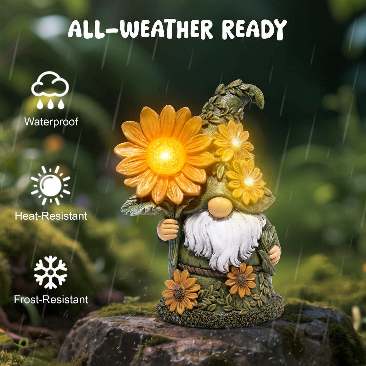 basen Solar Garden Gnome with Glowing Daisy Flower, Outdoor Solar Gnome Figurine for Yard Lawn Patio, Hand-Painted Resin Garden Statue Decor with LED Light for Landscape, Garden Gift for Mom Grandma