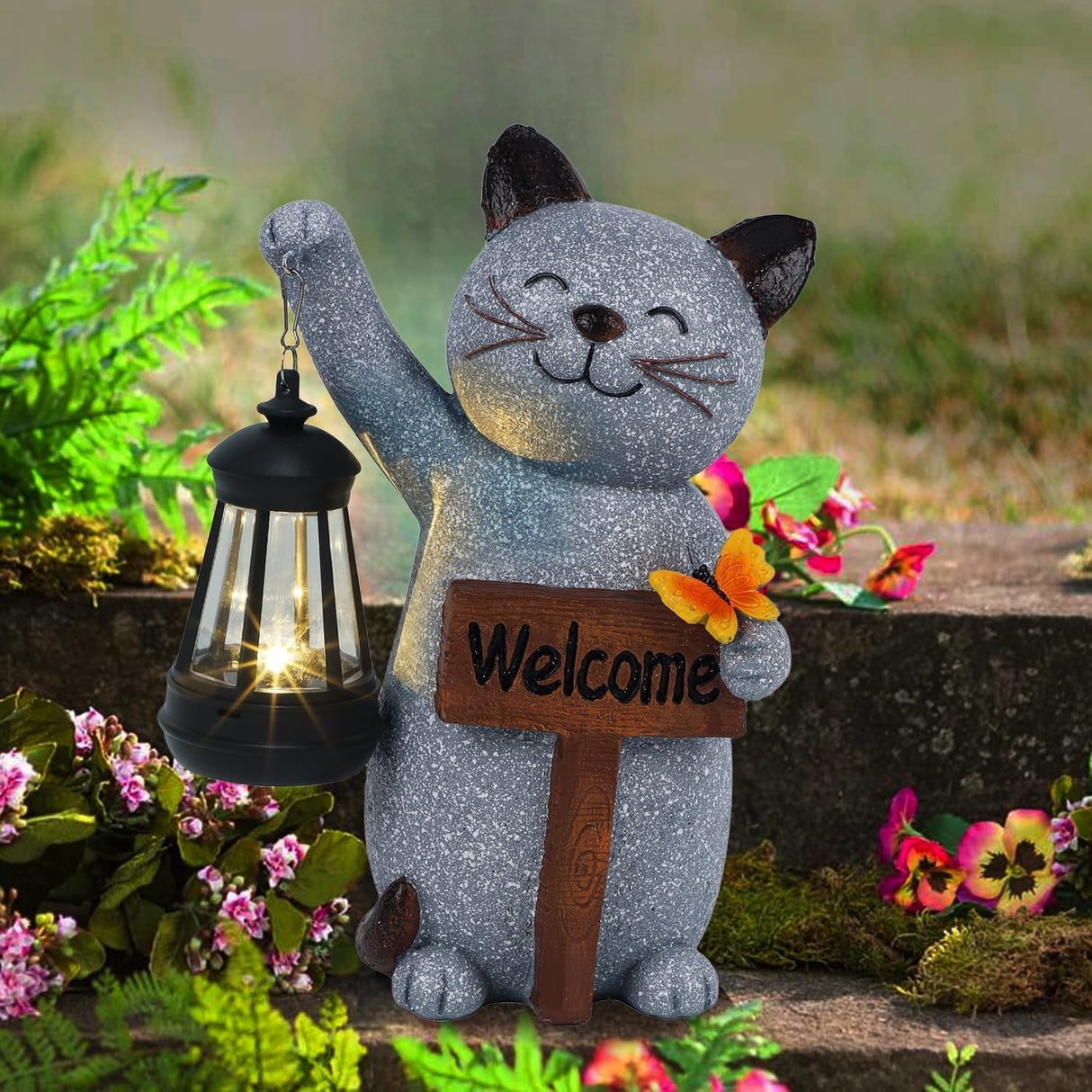 Juegoal Garden Statue Solar Cat Figurine with LED Lantern, Mothers Day 10" Resin Kitten Hold Welcome Sign, Outdoor Whimsical Lawn Porch, Lighted Housewarming Birthday for Mom Grandma