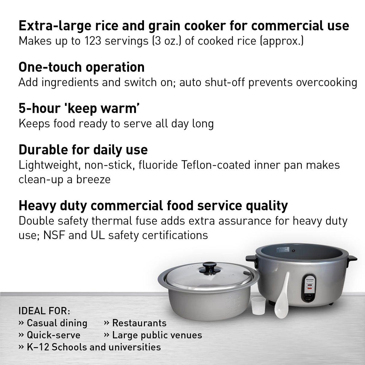 Panasonic Commercial Electric Rice Cooker, 120V Extra-Large Capacity 60-Cup (Cooked), 30-Cup (Uncooked) with One-Touch Operation - SR-GA541FH - Silver