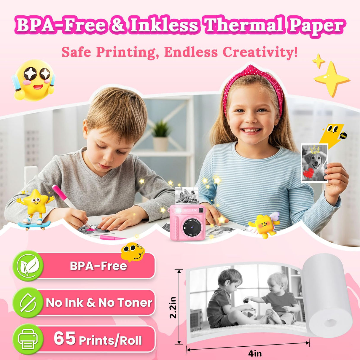JPVERLY Kids Instant Print Camera - Christmas & Birthday Gift for Boys and Girls Ages 3-12, HD Digital Video Camera Toy with 3 Rolls Printing Paper & 32GB Card (Pink)