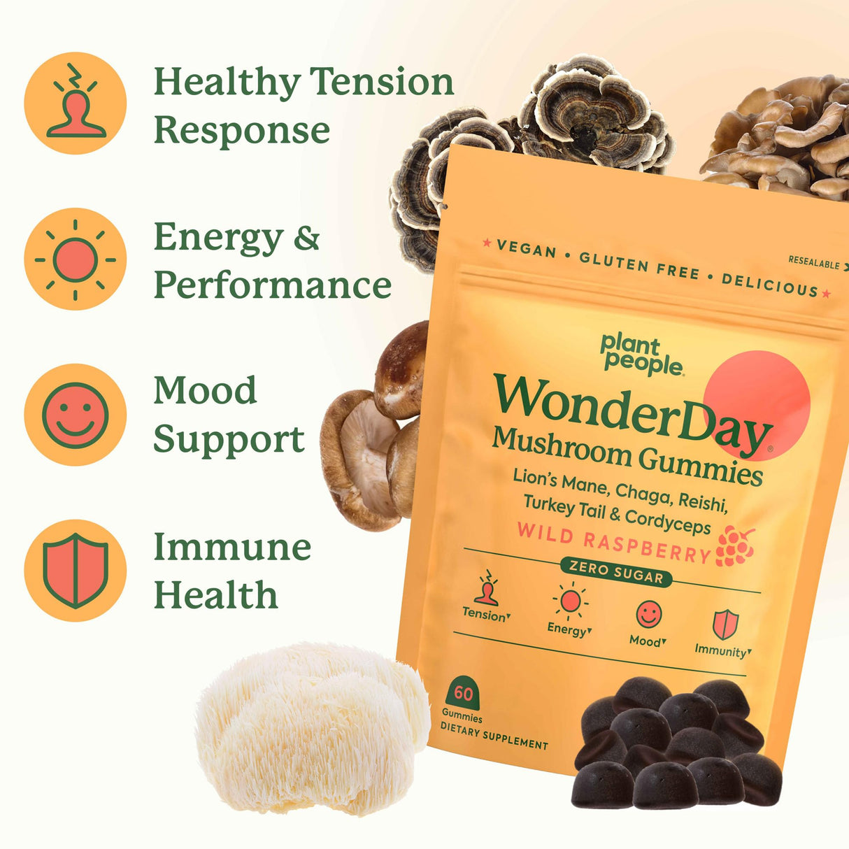 Plant People WonderDay Mushroom Gummies - Lion’s Mane, Cordyceps, Chaga Mushroom Supplement to Support Immune System De-Stress Boost Mood & Energy in Adults Natural, Vegan, Non-GMO (60 Count)