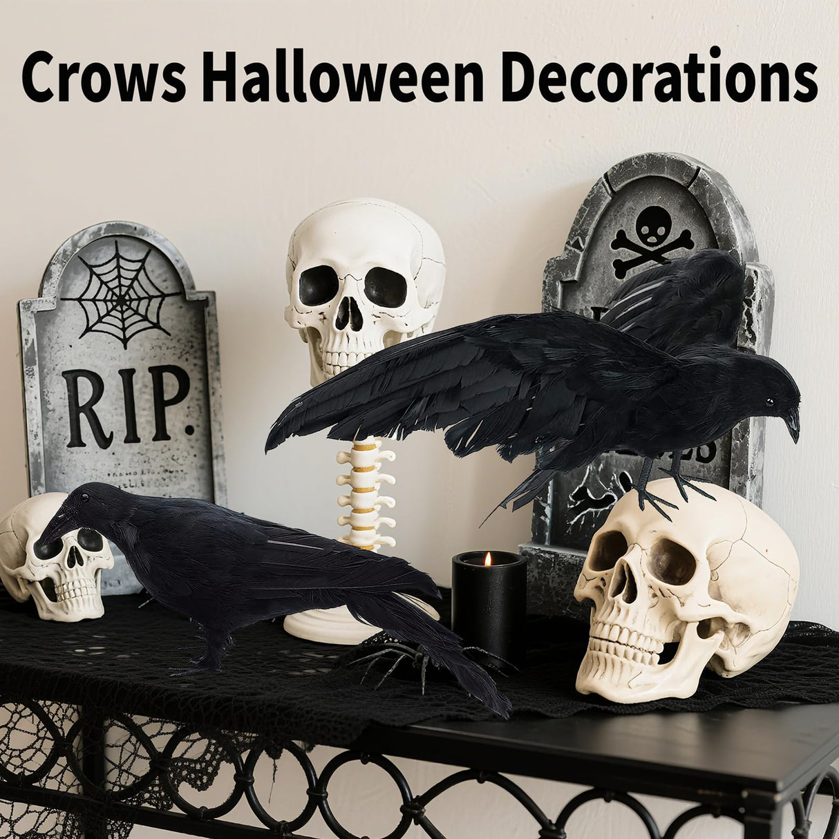 Black Fake Crows Halloween Decorations, Large Realistic Feather Black Crows