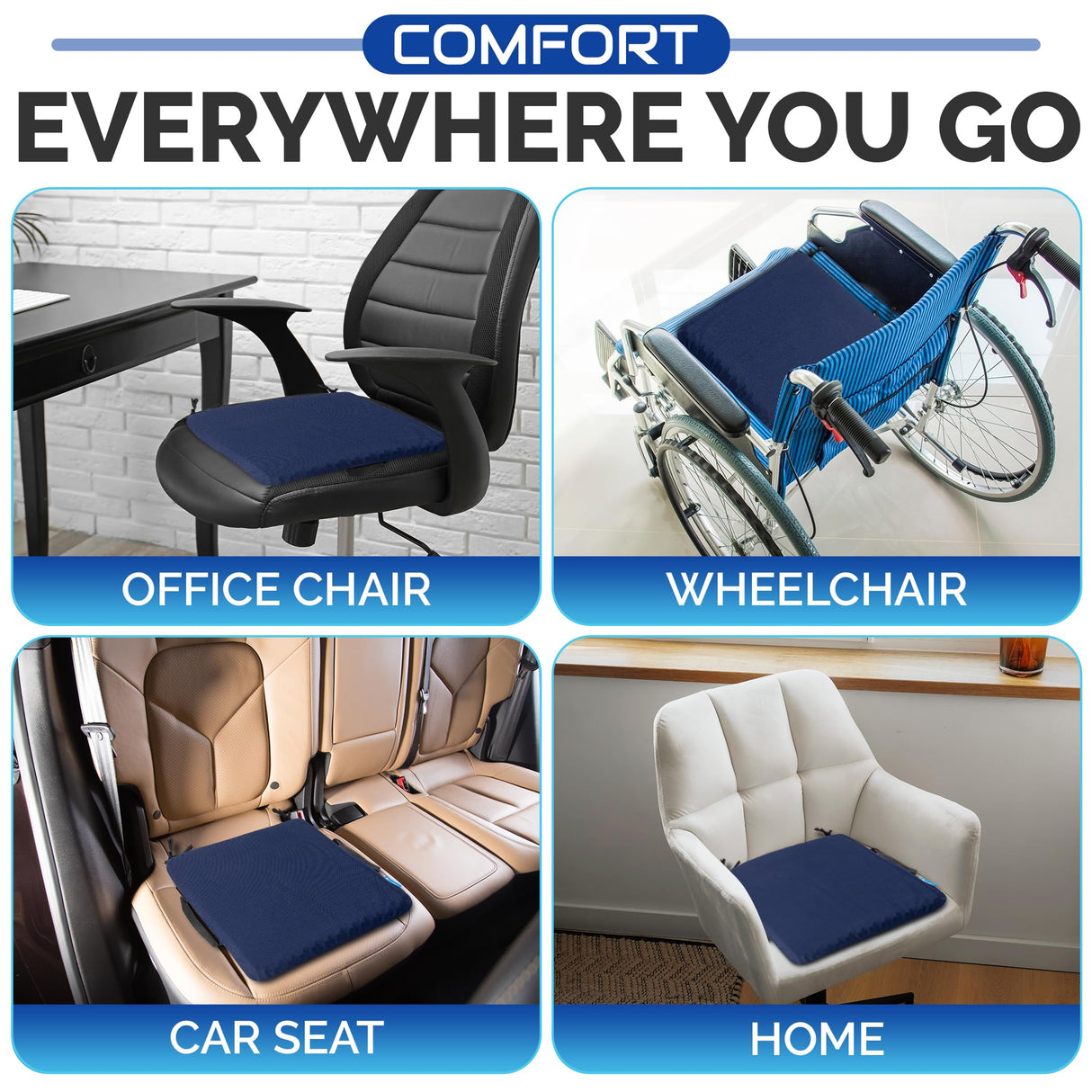 Gel Seat Cushion for Long Sitting, Large Seat Pad for Hip Pain, Buttocks Pressure Relief Office Chair Cushion, Gaming Chair Gel Pad, Wheelchair gel cushion, Truck seat, Non-slip cover with Ties