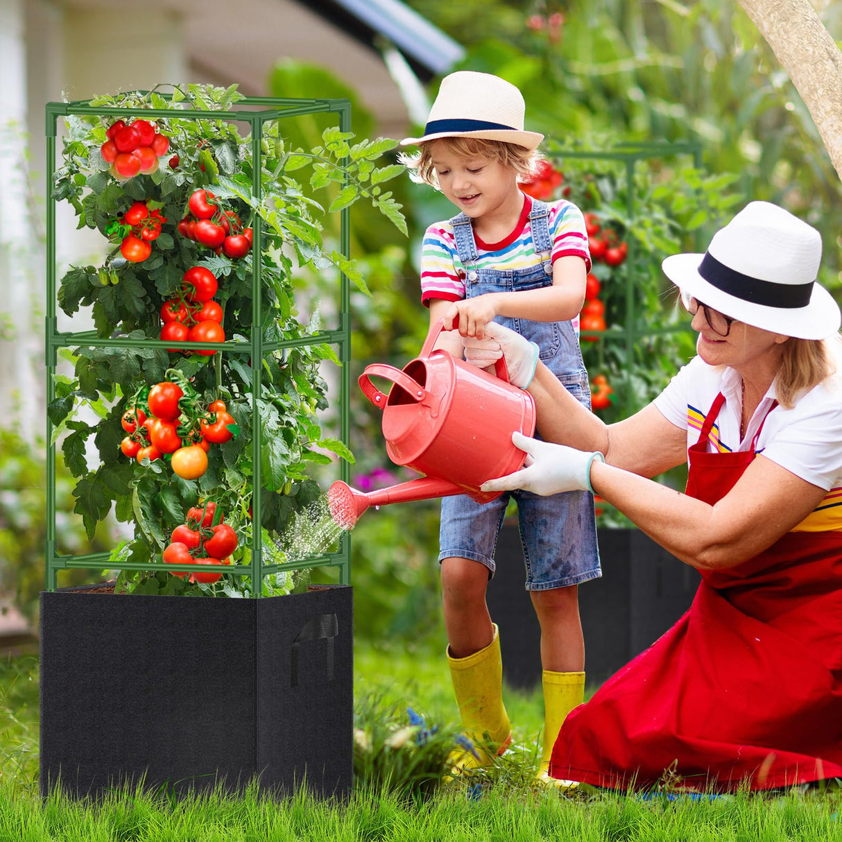 WLLEYAY 3 Pack 46'' Square Tomato Cages with 17 Gallon Grow Bags