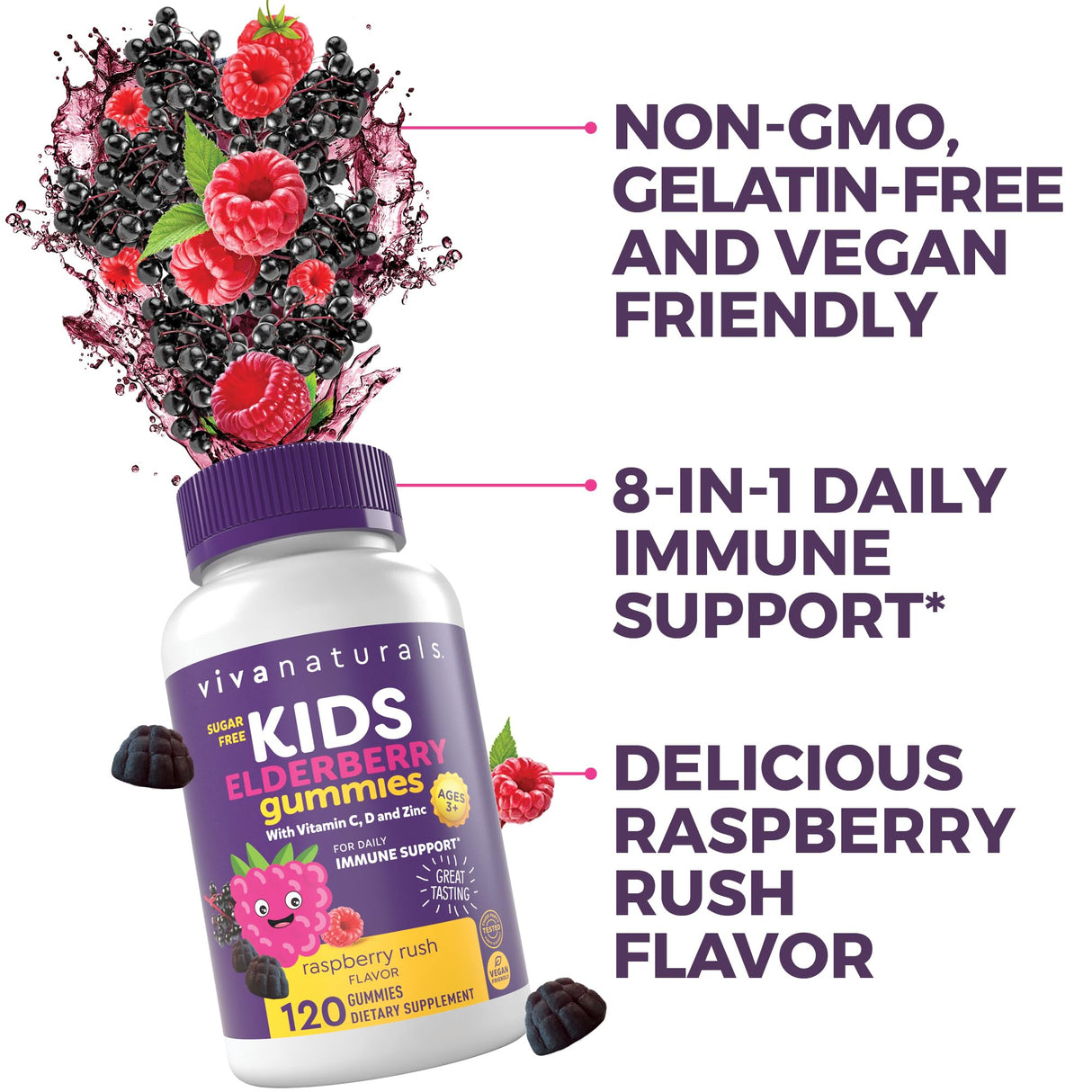 Viva Naturals Sugar-Free Sambucus Elderberry Gummies for Kids, 8-in-1 Children Immune Support with Vitamin C & Zinc – Chewable, Vegan & Gluten-Free (120 Count) for Daily Wellness