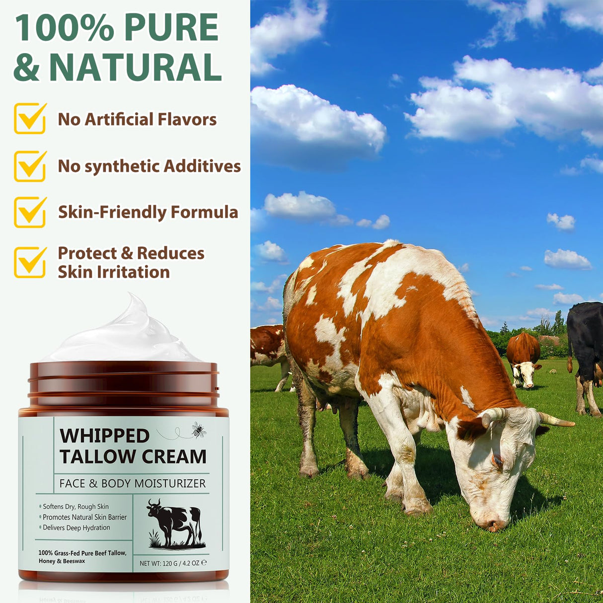Liefiet Beef Tallow for Skin, Tallow and Honey Balm 4.2oz, Deep Nourishing Face and Body Moisturizers, Organic Grass Fed Whipped Beef Honey Cream