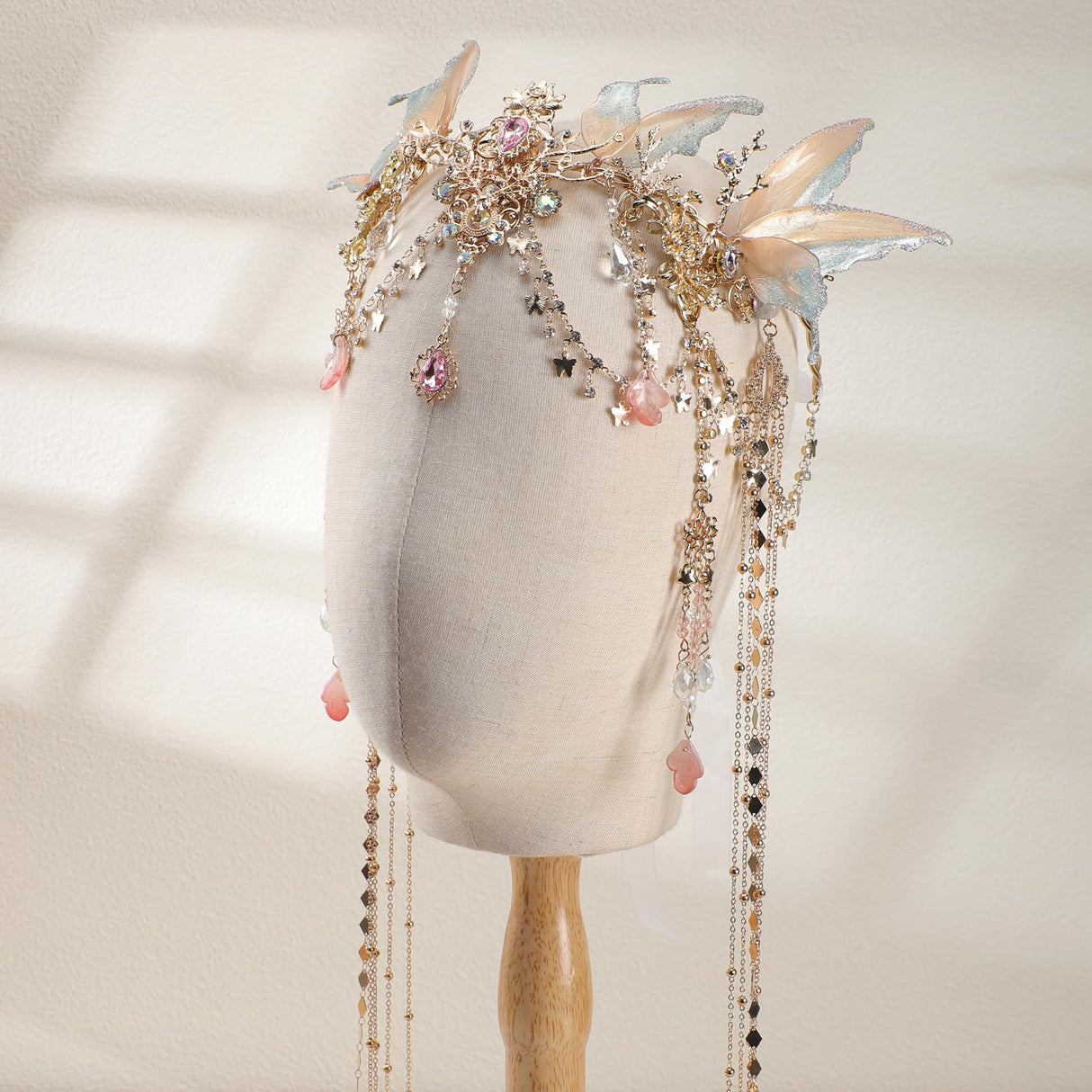 FRESHME Renaissance Butterfly Elf Fairy Crown - Fairy Headband with Pink Butterfly Wings Elf Headpiece with Tassel Elven Tiara Wedding Renfaire Dress Up Cosplay Christmas Accessories for Women