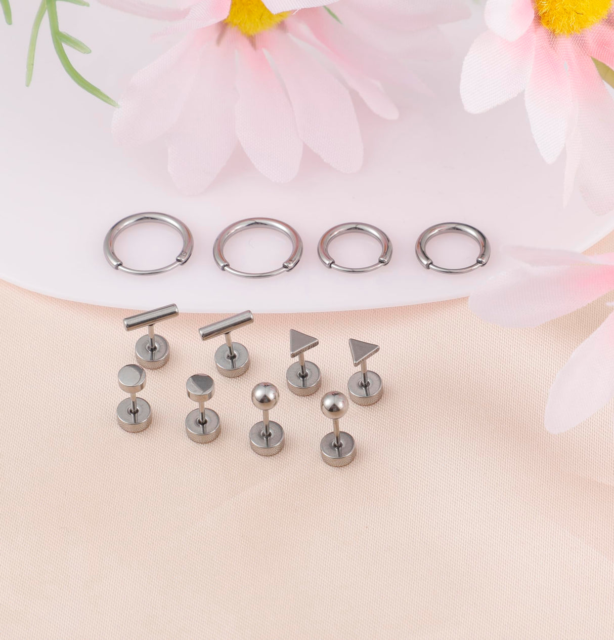 Staligue Titanium Earrings Set - 6 Pairs, Hypoallergenic, Silver