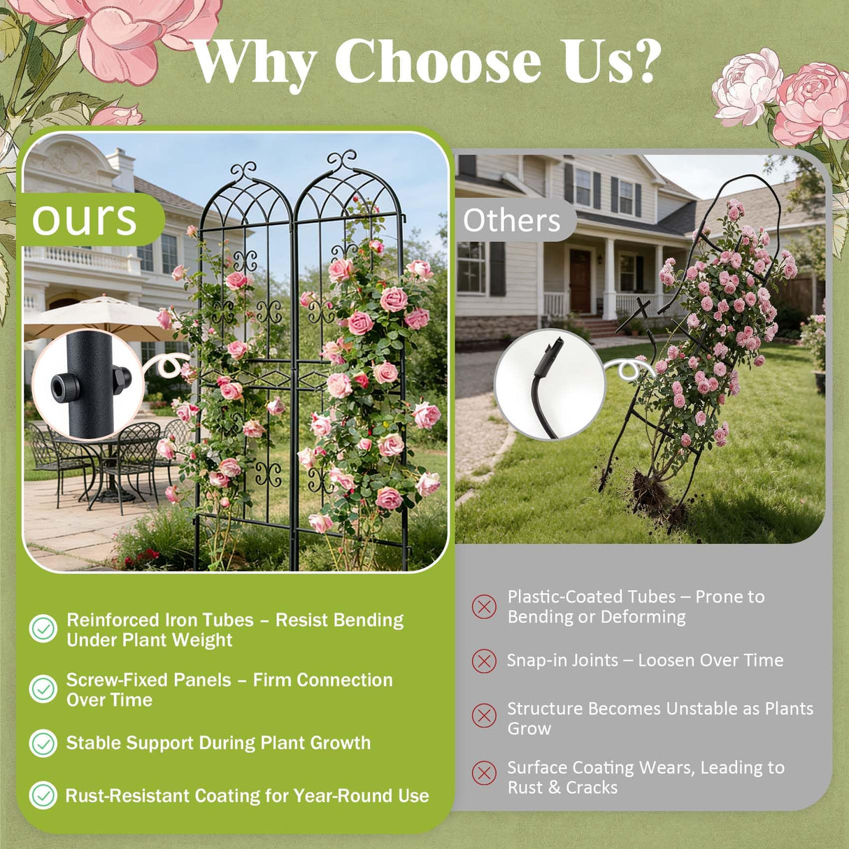 HIHADUUM 2 Pack 70.8" H x 19.7" W Arched Metal Garden Trellis for Climbing Plants Outdoor - Tall Rust-Resistant Decorative Climbing Rose Trellis Perfect for Roses, Vines, Vegetables, Flowers, Black