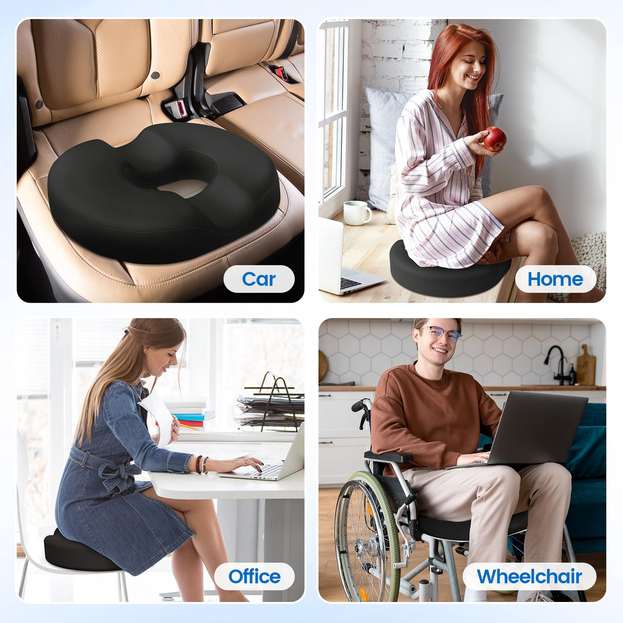 CushZone Donut Pillow Seat Cushion - Memory Foam Cooling Gel Lifting Cushion for Office & Home Chair, Car Seat, Wheelchair, Hemorrhoids Pillow, Sciatica & Tailbone Pain Relief Chair Cushion, Black