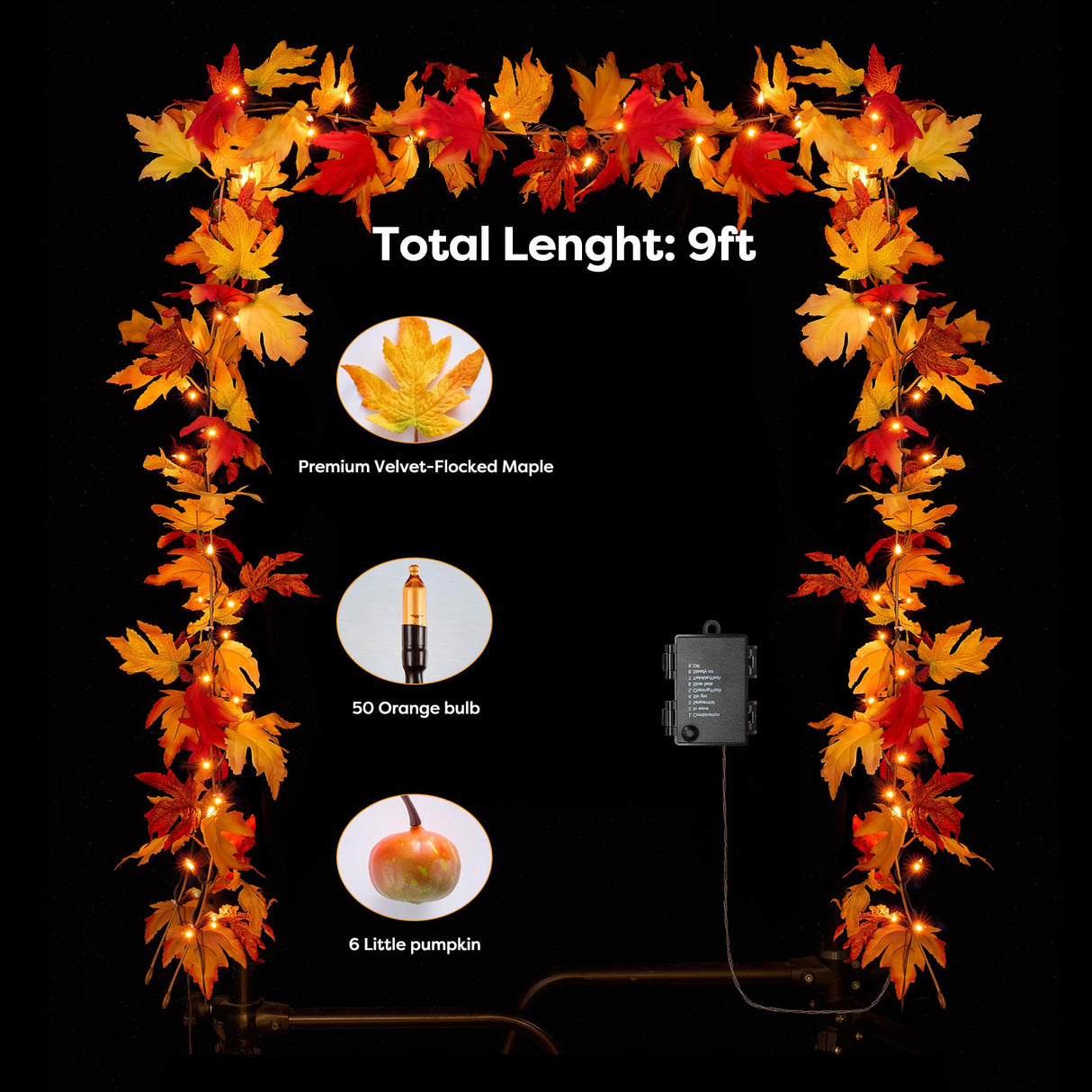 BlcTec Fall Decorations for Home 9 FT Battery Operated Fall Garland with Lights 50 LED Orange Bulbs, 6 Pumpkins, 8 Modes, Timer, Lighted Fall Maple Leaves Garland for Thanksgiving Christmas Decoration