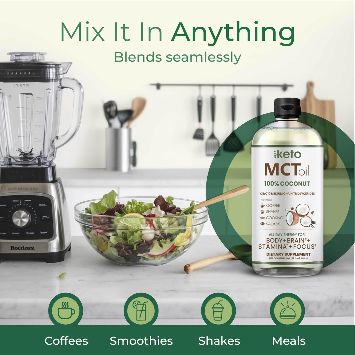 Keppi MCT Oil - from 100% Coconuts - Flavorless C8 and C10, Non-GMO, Certified Gluten-Free, Palm Oil Free, Vegan, Kosher, Halal, 32 oz Coconut Oil