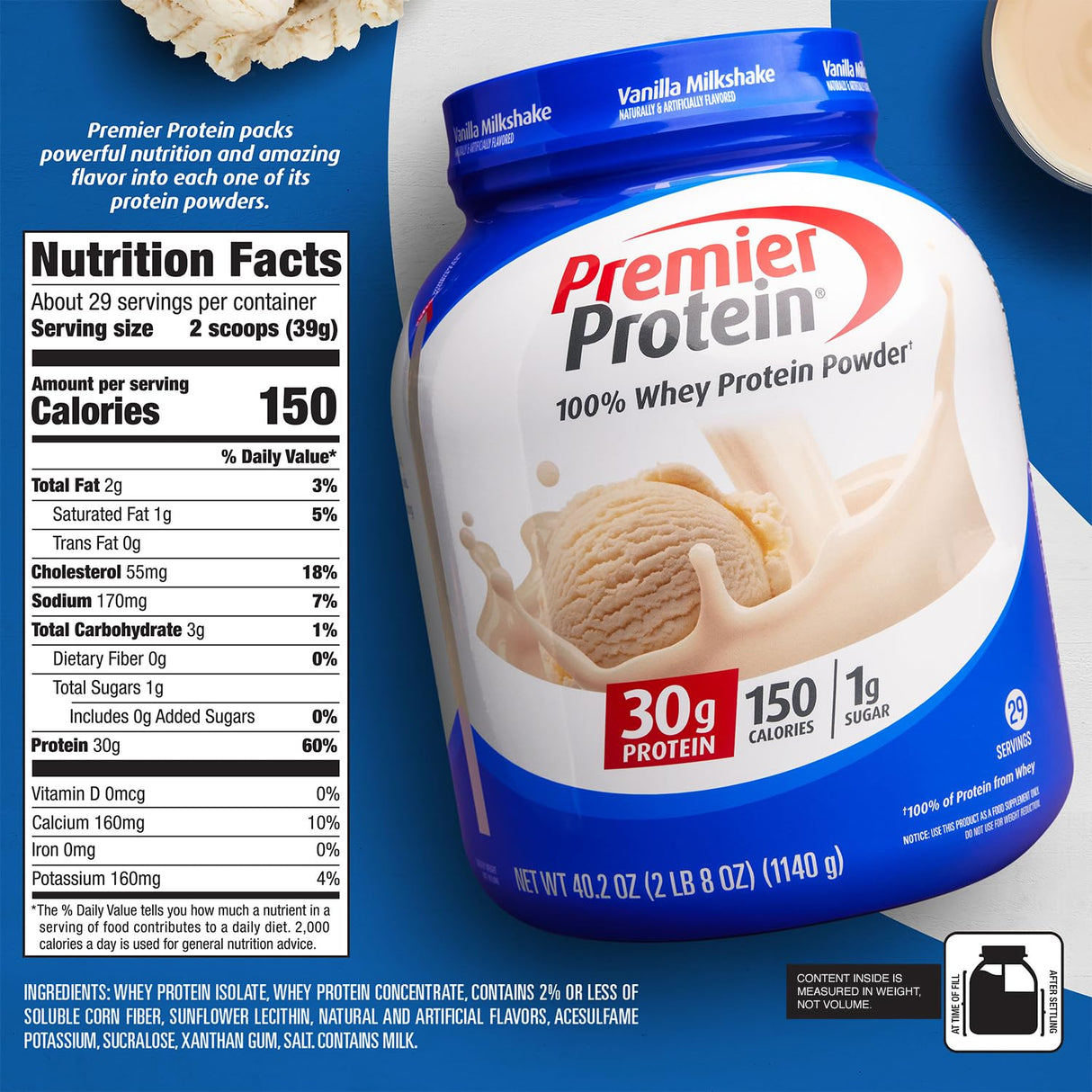 Premier Protein Protein Powder, 30g Protein, 1g Sugar, No Soy Ingredients, Gluten Free, Vanilla Milkshake, 29 Servings, 40.2oz