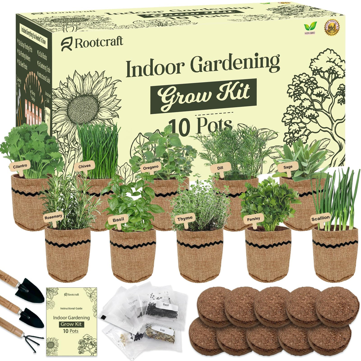 10 Herb Garden Planter Indoor Kit, 44pcs Complete Kitchen Herb Starter Set Including Burlap Pots, Markers, Soil Discs, Gardening Tools, Unique Easter/Birthday/Christmas Gift Ideas for Women, Mom