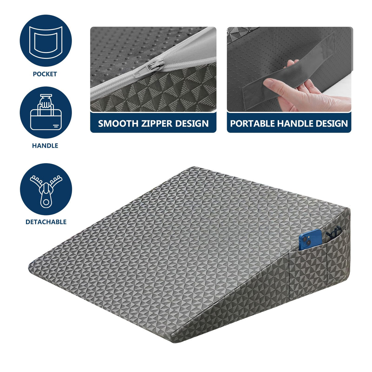 COLDHUNTER Wedge Pillow 7.5" Bed Wedge After Surgery, Back Pain Relief, Memory Foam Pillow Triangle Incline Wedge for Back Support, Leg Elevation(Grey)