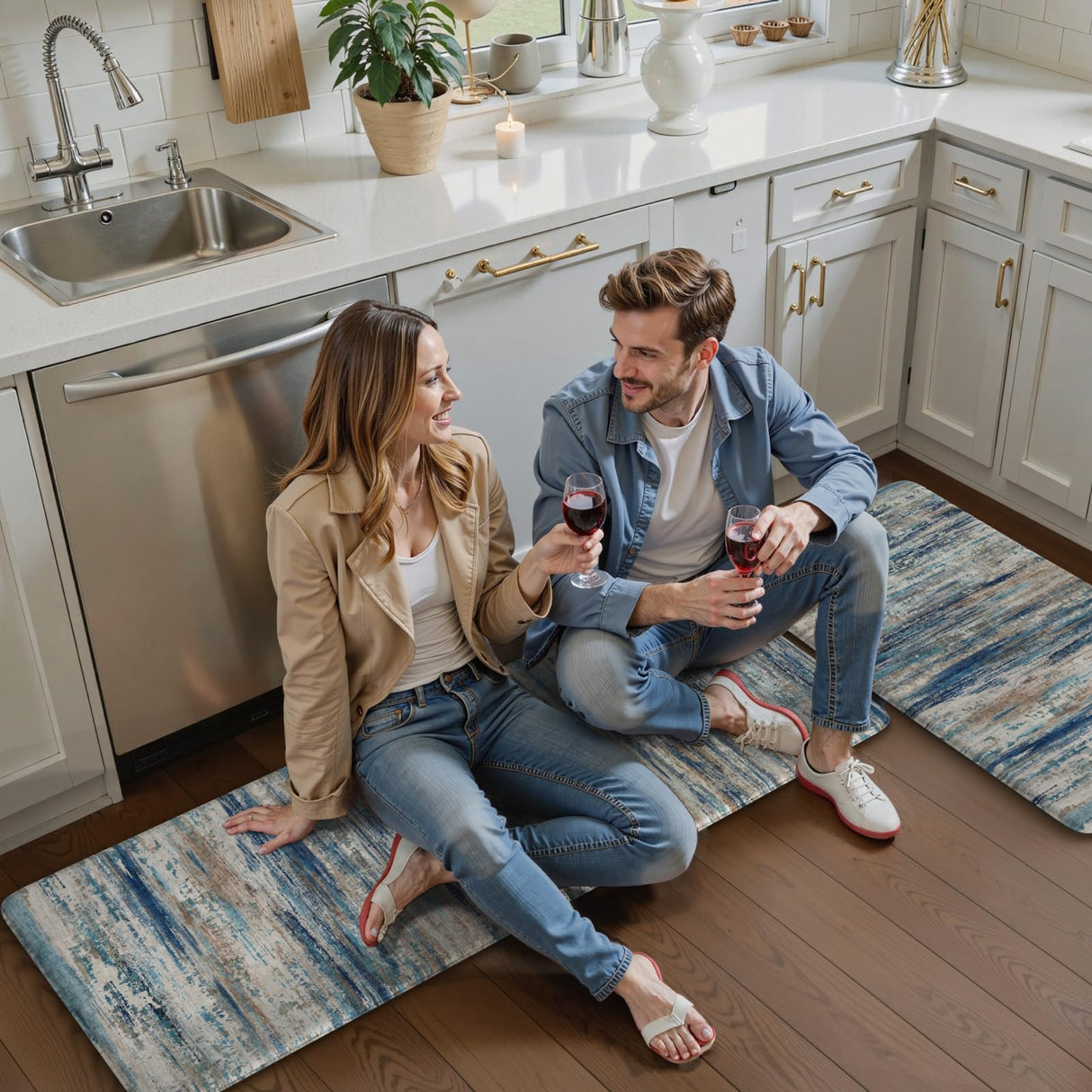 KIMODE Christmas Anti Fatigue Kitchen Mats for Floor 2 Piece, Blue Grey Farmhouse Kitchen Rugs 17"x47"+17"x29", Non Slip Waterproof Kitchen Floor Mats, Standing Mats for Laundry Office Sink Desk