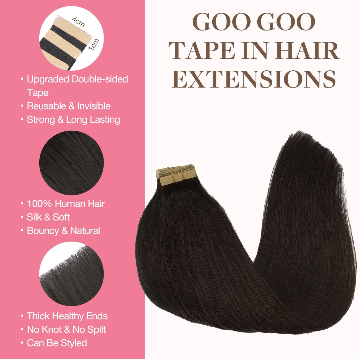 GOO GOO Tape in Hair Extensions Human Hair, 2 Dark Brown, 18inch 50g 20pcs, Thick Ends Straight Seamless, Invisible